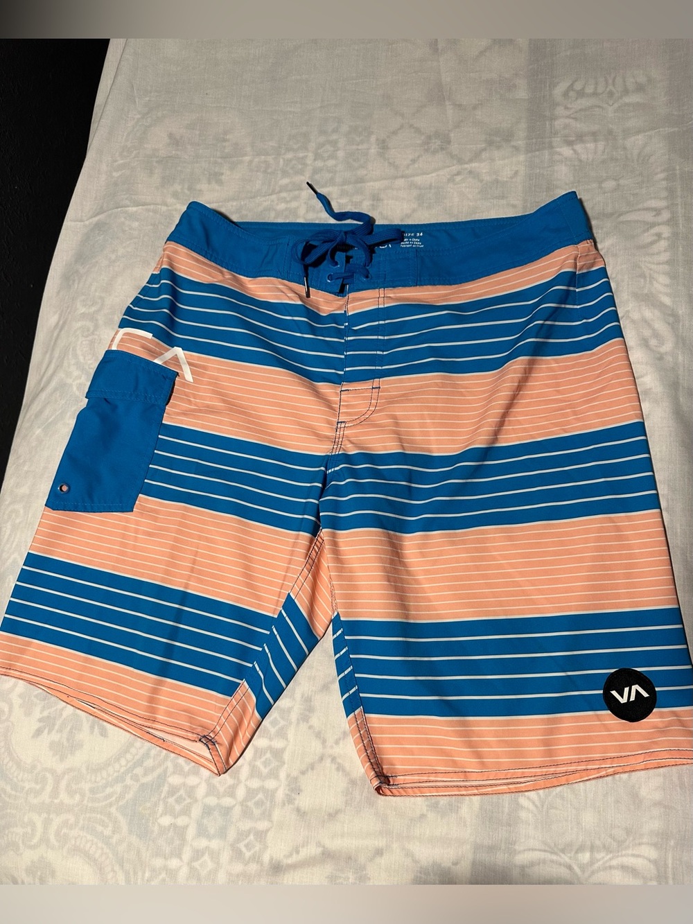 RVCA Men’s Blue and Peach Striped Boardshorts